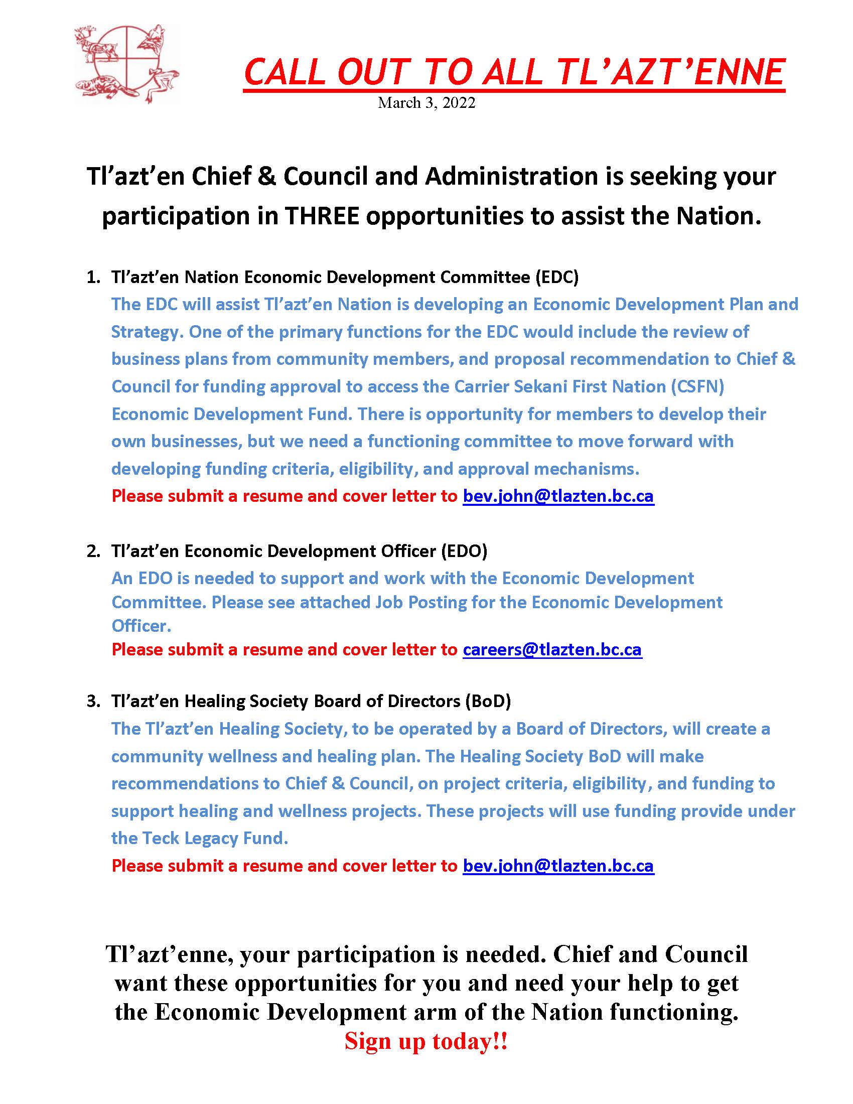 Call out for Committee Members - Tl'azt'en Nation