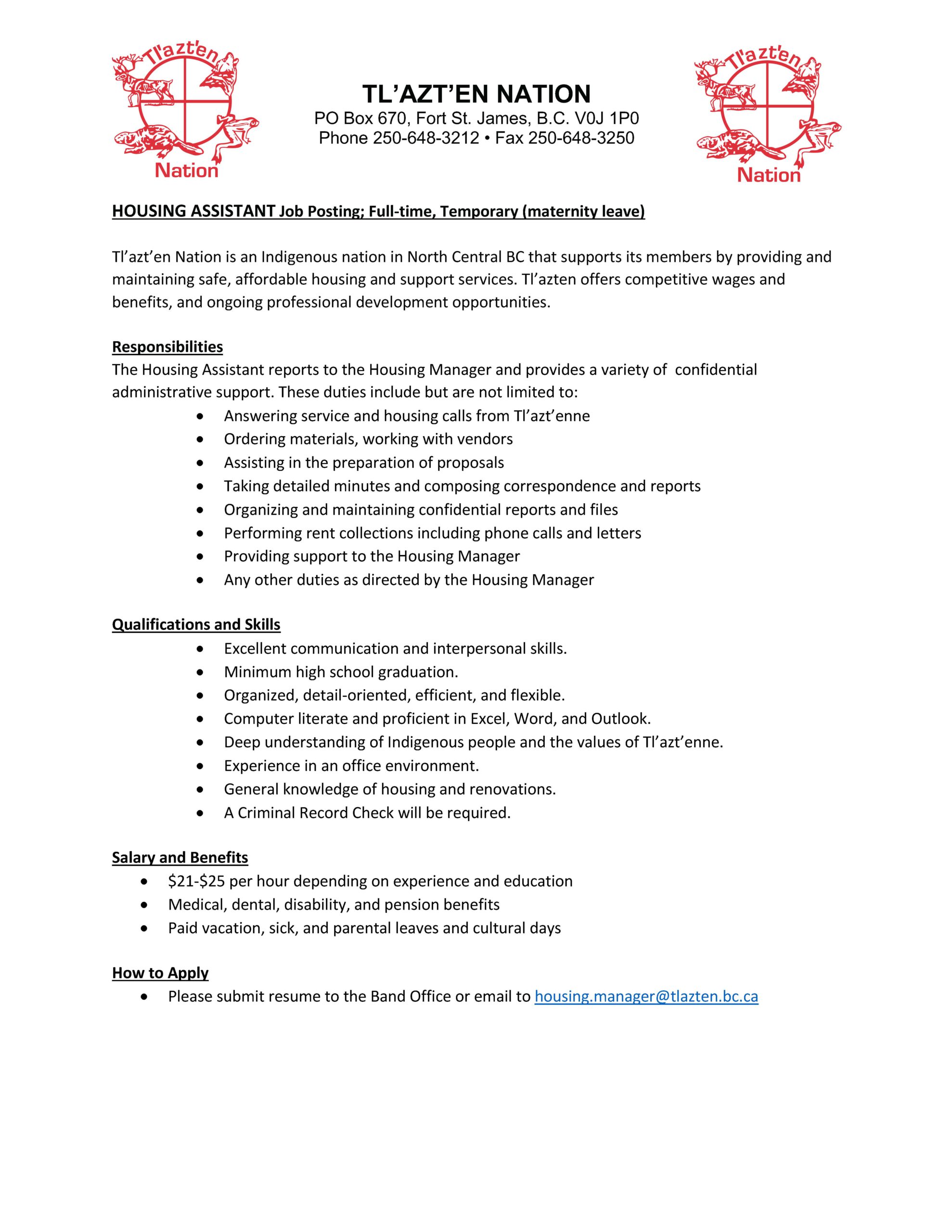 Housing Assistant Job Posting Tl'azt'en Nation