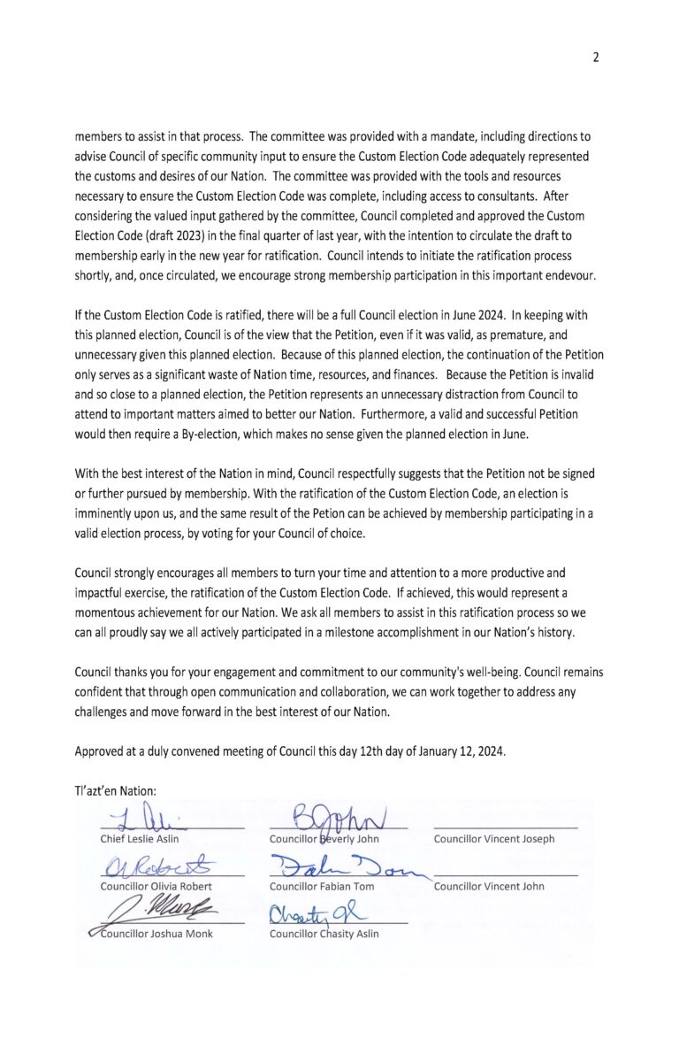 Chief and Council letter to Community - Tl'azt'en Nation